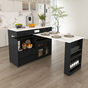 Retro Kitchen Island Set With Chairs, Extendable & Rotating Table, 4 Drawers & Door Cabinets