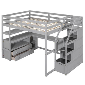 Loft Bed With Desk, Shelves, 2 Drawers, Storage Staircase