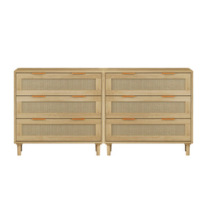 3 Drawers Rattan Storage Cabinet Rattan Drawer, For Bedroom, Living Room, Dining Room, Hallways (Set of 2) - Oak