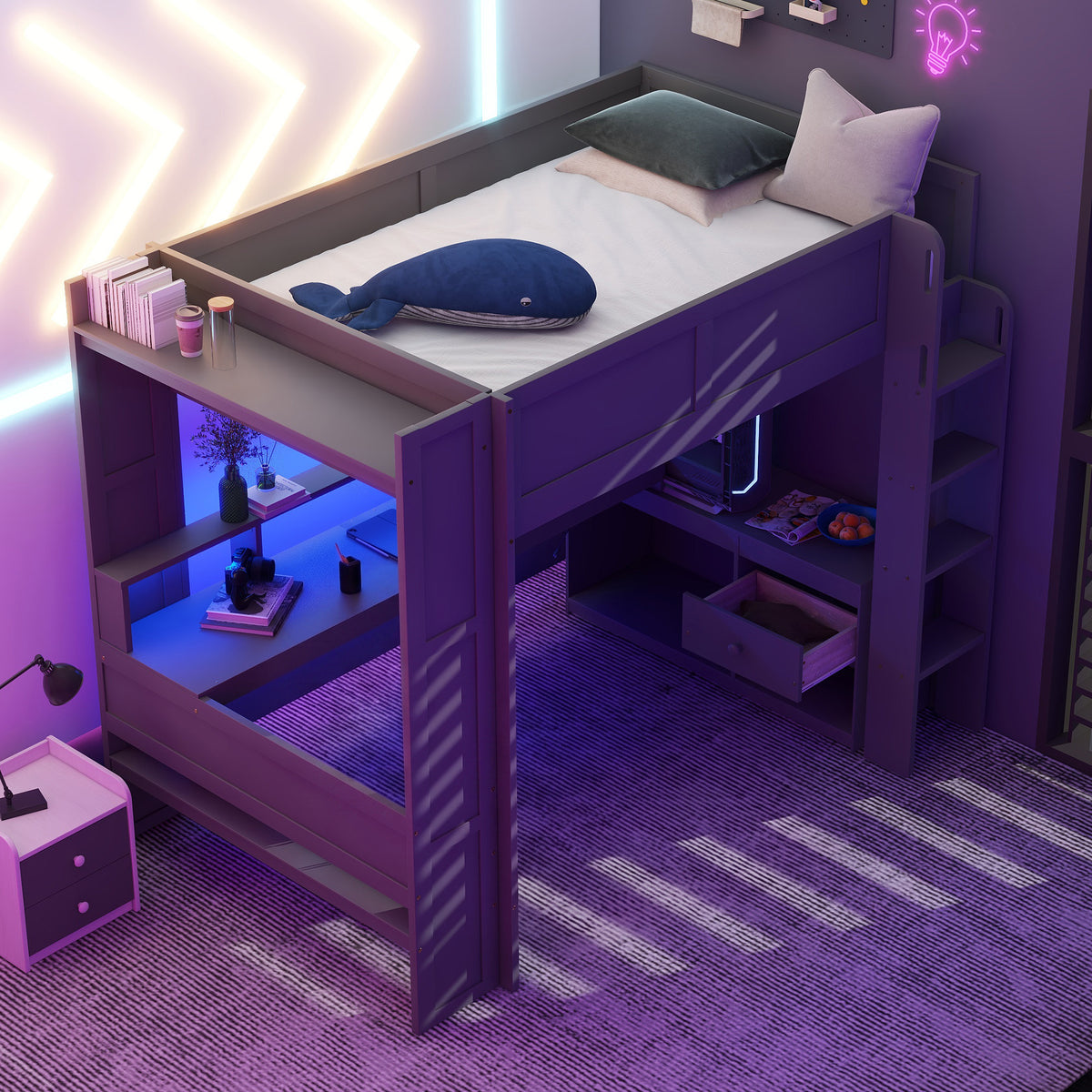 Wood Full Size Gaming Loft Bed with Desk, Multi-storage Shelves, LED and Charging Station