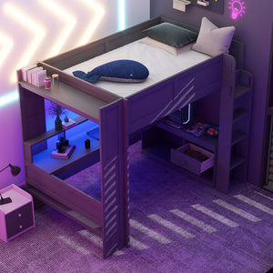 Wood Full Size Gaming Loft Bed with Desk, Multi-storage Shelves, LED and Charging Station