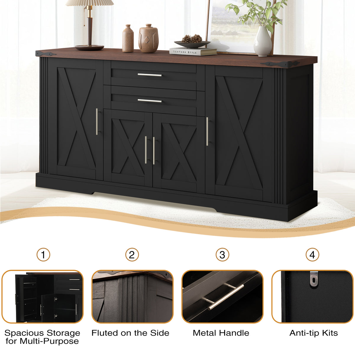 63" Farmhouse Barn Door Storage Cabinet with 2 Drawers