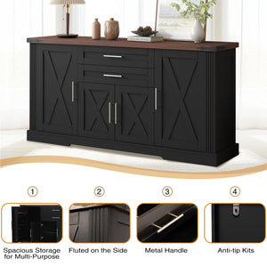 63" Farmhouse Barn Door Storage Cabinet with 2 Drawers