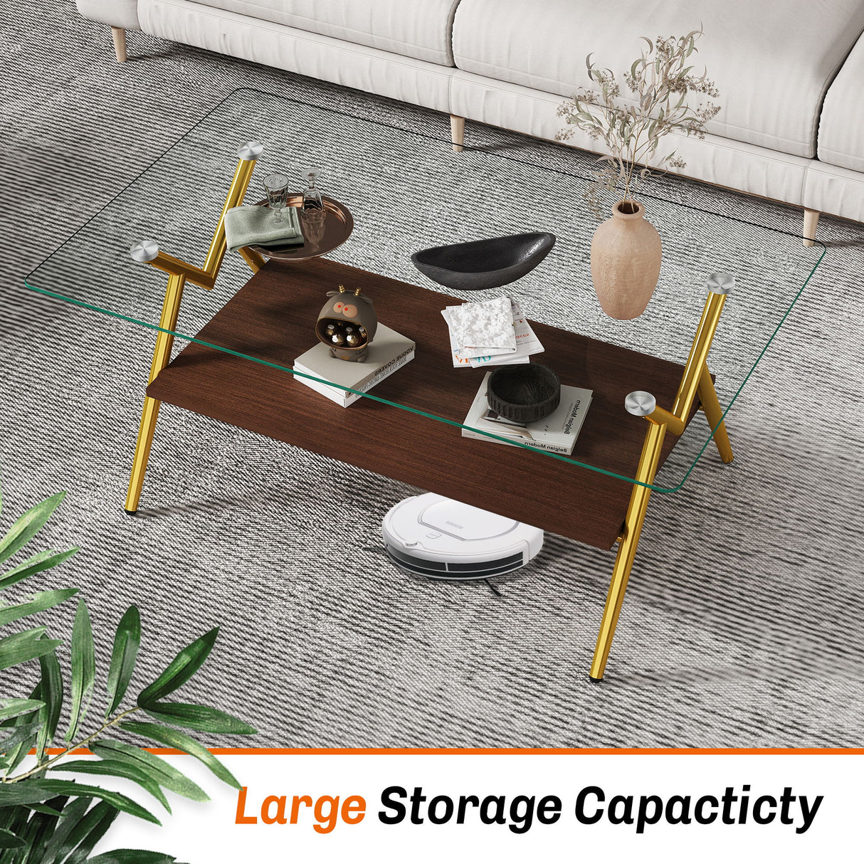 Rectangle Coffee Table With Tempered Glass Top And Shelf