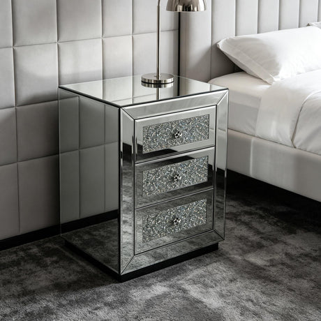 3 Drawer Nightstand With Glass Accents, Bedside Table For Bedroom - Silver
