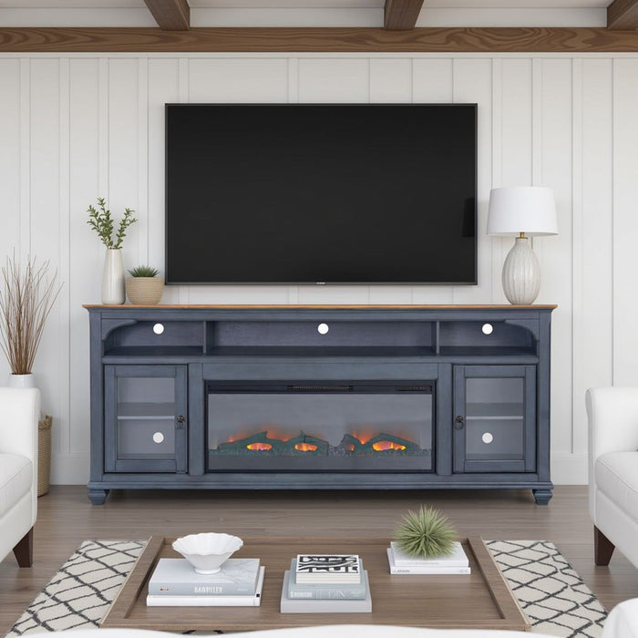 Fireplace TV Stand for TVs Up to 95" with Glass Doors and Fireplace Insert - Blue