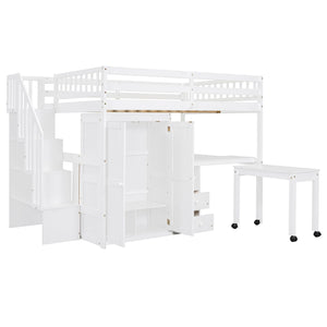 Loft Bed With Stairs, Bookshelf, Drawers, Desk & Wardrobe, Space Saving Multifunctional Furniture