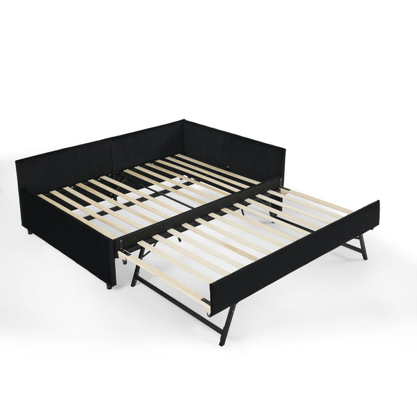 Full Size Upholstered Daybed With Trundle, Tufted Backrest And Armrests - Black