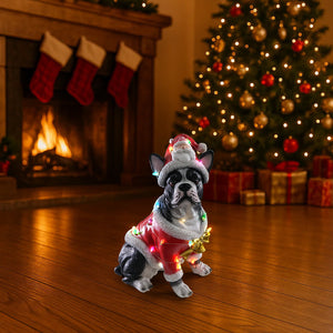 Christmas French Bulldog Statue, Holiday Dog Figurine in Santa Outfit