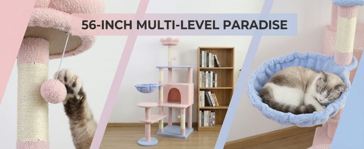 Flower Cat Tree with Large Condo, Removable Cushion and Hammock, 56-Inch, Pink
