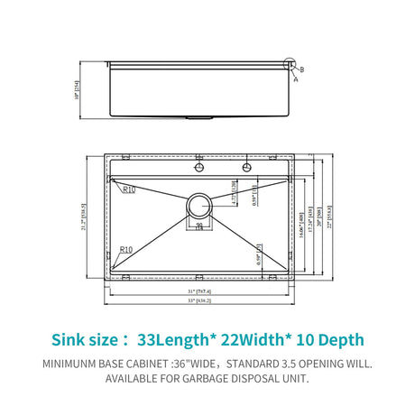 33" Drop In Kitchen Sink With Workstation, 16 Gauge Stainless Steel - Brushed Nickel