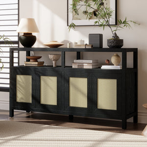 TREXM Bohemian Style Rattan Buffet Storage Cabinet with Solid Wood Frame