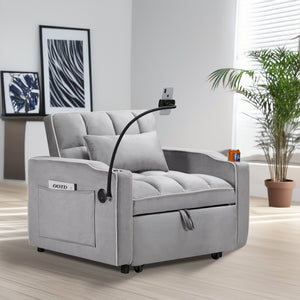 Convertible Sleeper Chair Sofa Bed, Grey Velvet, Pull-Out Single Bed