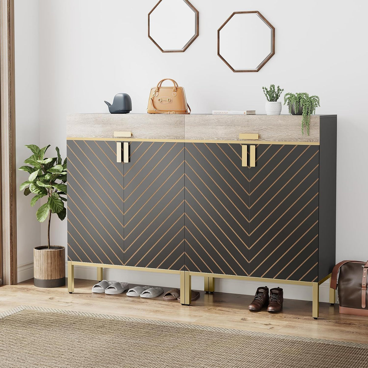 4 Tier Entryway Shoe Cabinet With Doors - Gray / Gold