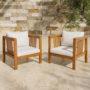 Set of 2 Outdoor Acacia Wood Club Chairs with Modern Square Arms