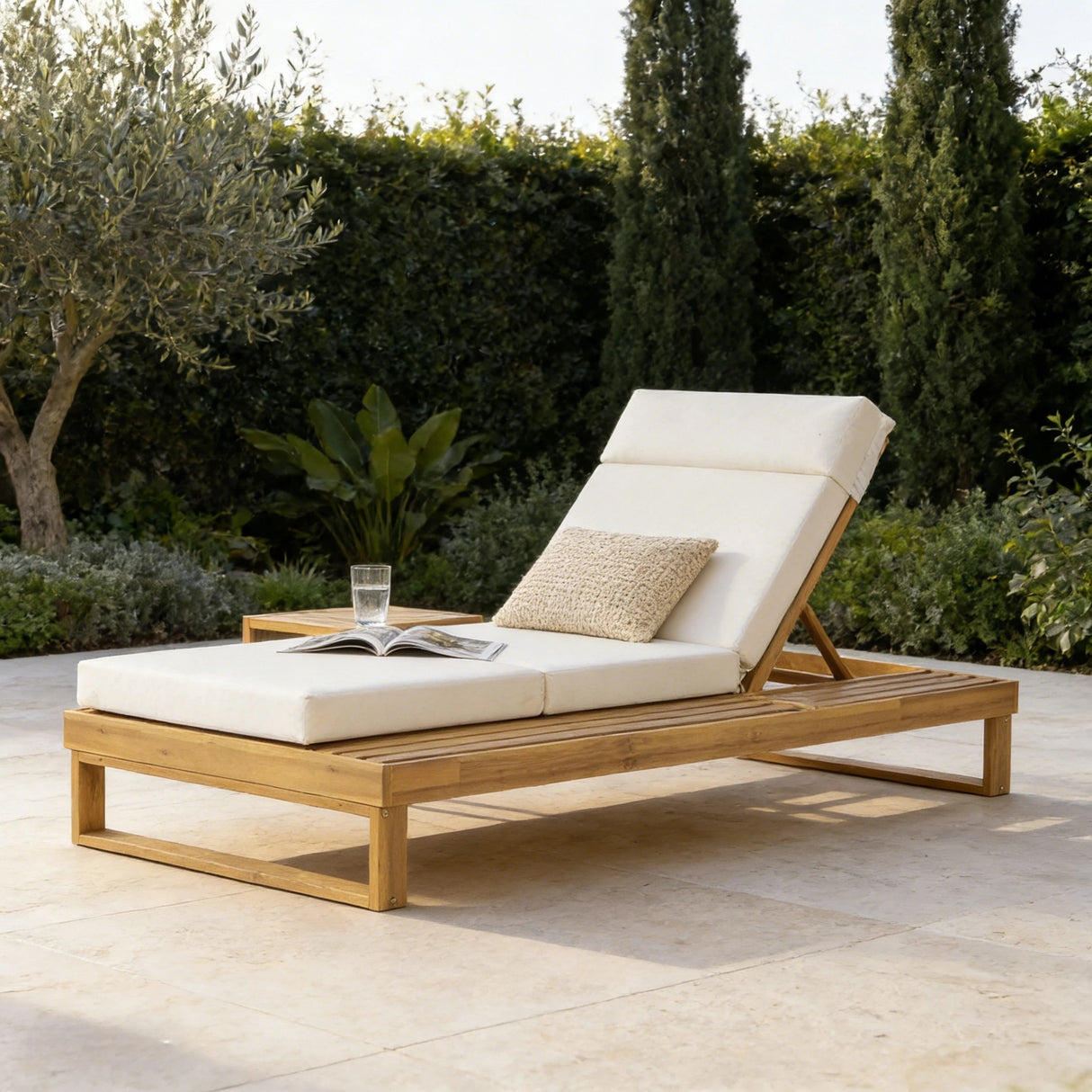 Teak Finish Acacia Wood Chaise Lounge with 4-Inch Cushion