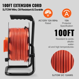 100FT Extension Cord Reel with 4 Outlets and Dust Cover