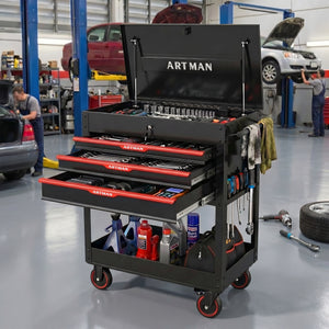 3 Drawers Multifunctional Tool Cart with Wheels and Steel Top - Black & Red