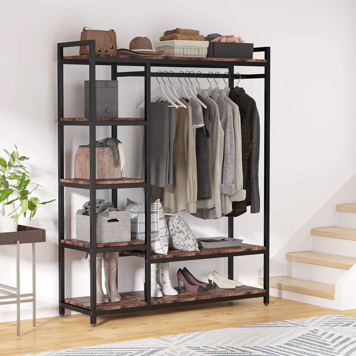 Free Standing Closet Organizer With 6 Shelves And Hanging Bar - Brown / Black