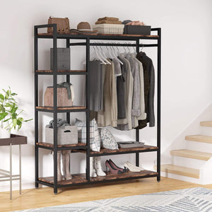 Free Standing Closet Organizer With 6 Shelves And Hanging Bar - Brown / Black
