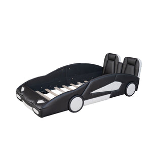 Race Car Shaped Twin Platform Bed With Wheels, Pine Wood Construction