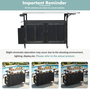 Foldable Outdoor Kitchen Island With Lockable Wheels, Storage Cabinet And Towel Rack For Patio