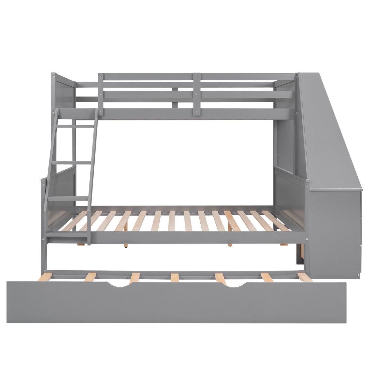Bunk Bed With Trundle And Built In Desk, 3 Storage Drawers And Shelf