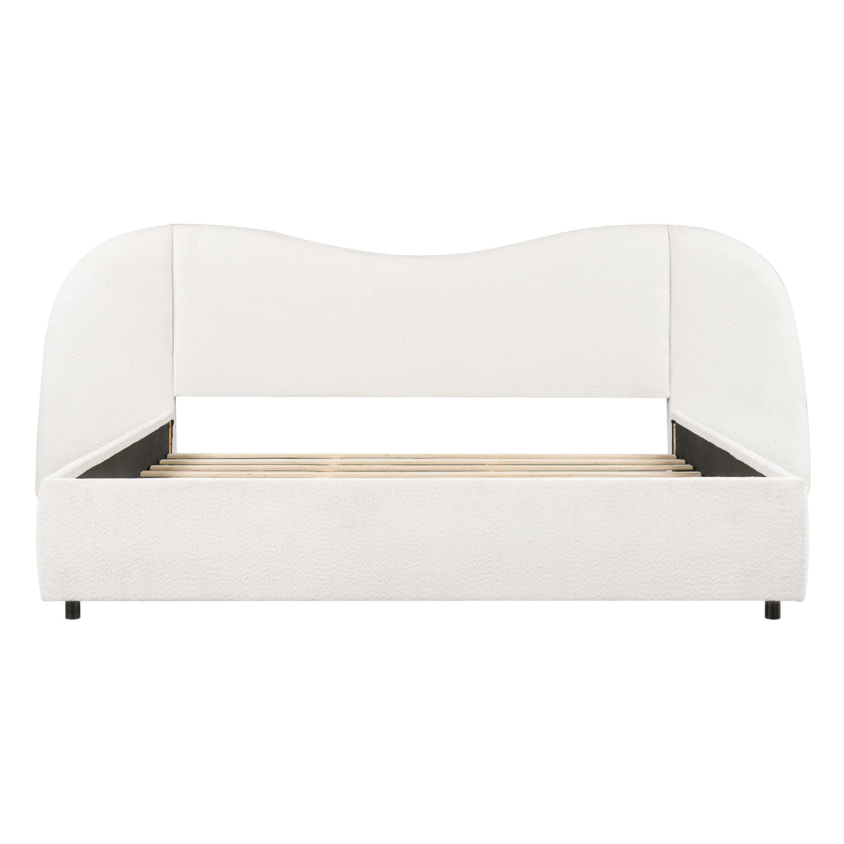 King Size Upholstered Bed Frame With Boucle Fabric Curved And Wide Headboard