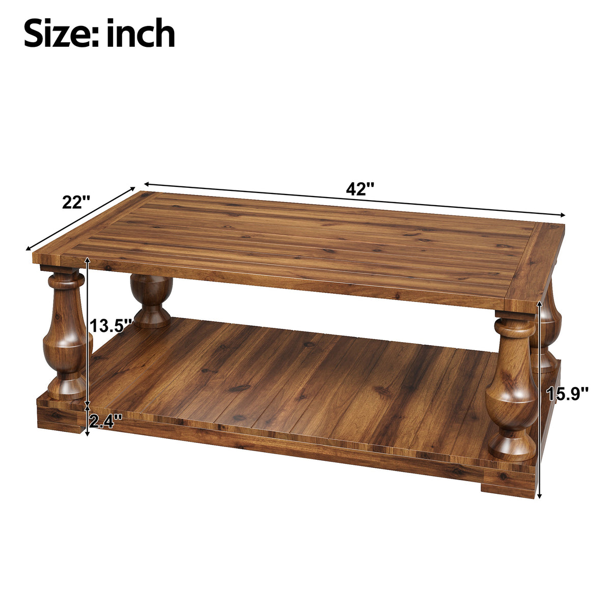 Farmhouse Coffee Table with Storage Shelf, Solid Pine Wood Turned Legs, Walnut