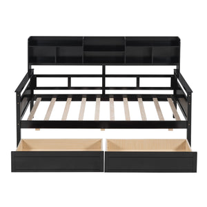 Daybed, Slat Support, With Bedside Shelves And 2 Drawers