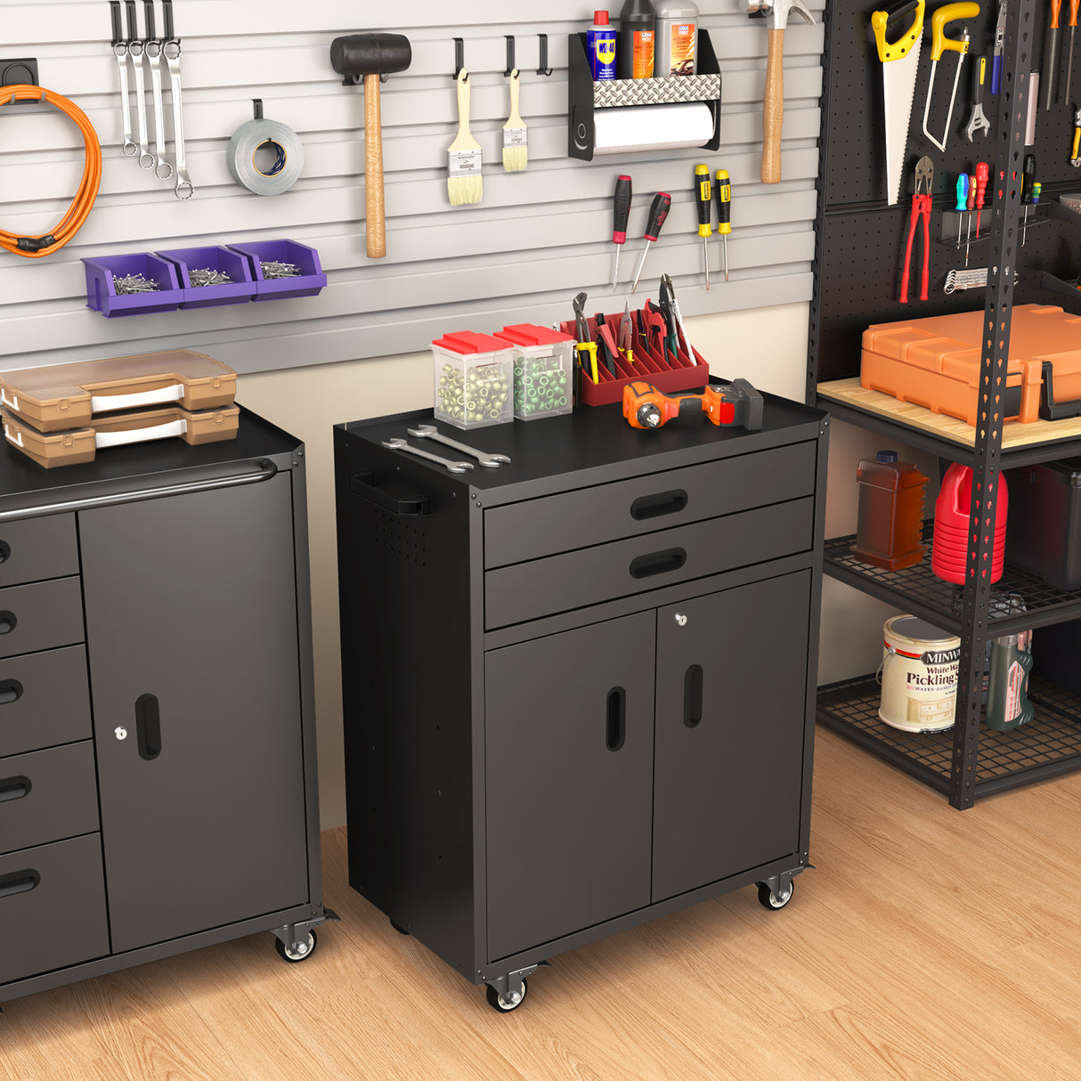 Metal Tool Garage Storage Cabinet with 2 Drawers and 2 Doors, with Wheels and Lock
