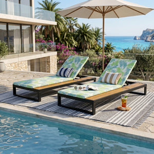 Black Iron & Teak Finish Chaise Lounge Set