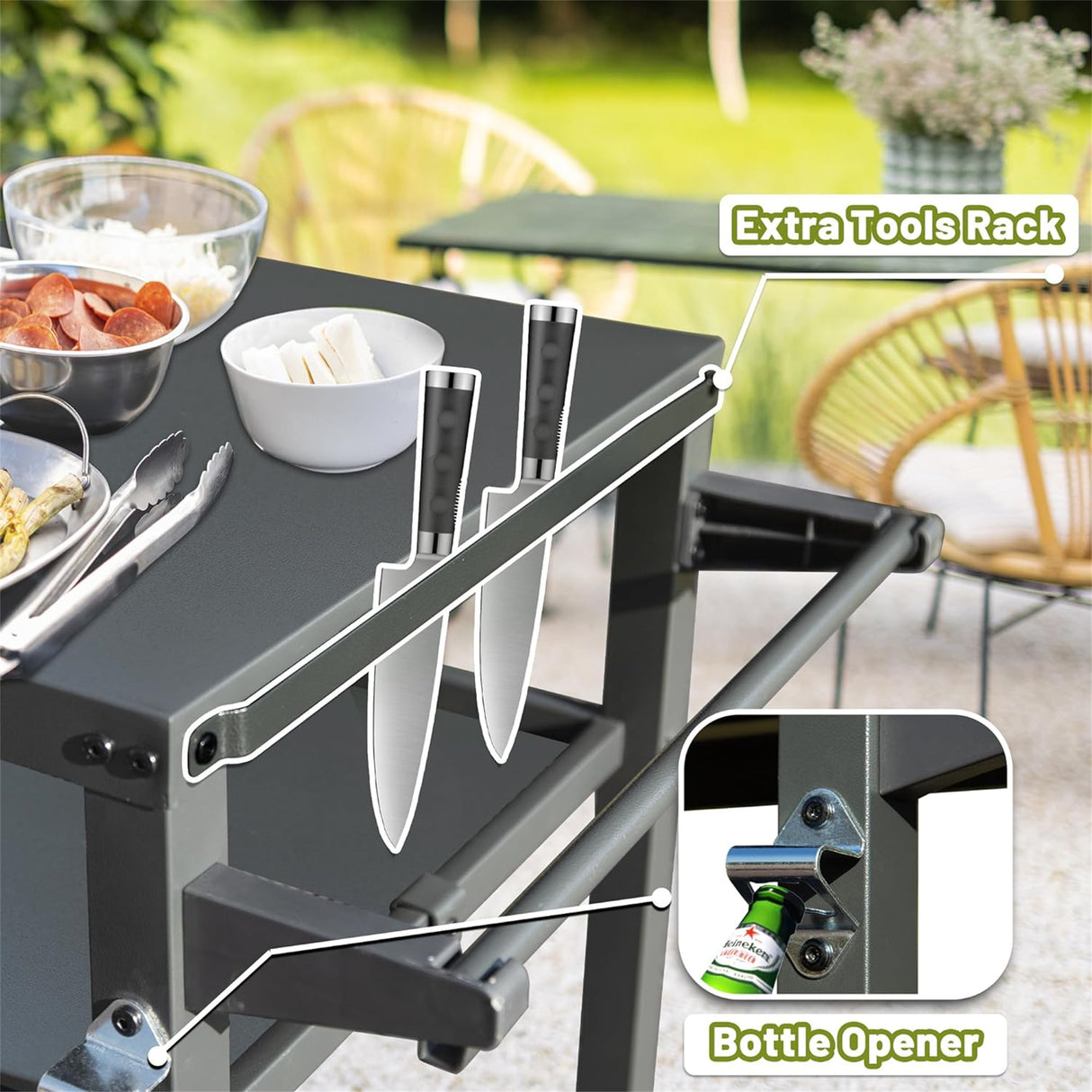 3-Shelf Outdoor Grill Table with Wheels