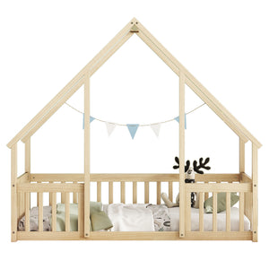 Wood House-Shaped Floor Bed With Fence, Guardrails