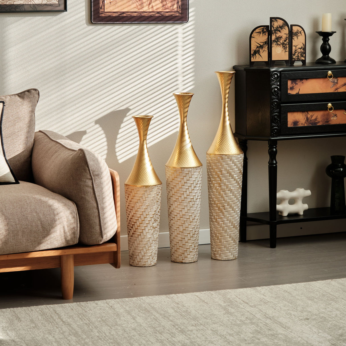 Floor Metal Vase Modern Style Decoration Home Woven Pattern Metal Vase 3 Piece Set Gorgeous Home Decoration Large Glazed Metal Vase - Champagne