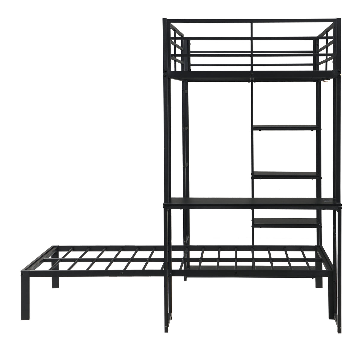 Metal Loft Bed Frame with LED Light Strip, Side Storage Shelves & Built-in Desk