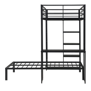 Metal Loft Bed Frame with LED Light Strip, Side Storage Shelves & Built-in Desk
