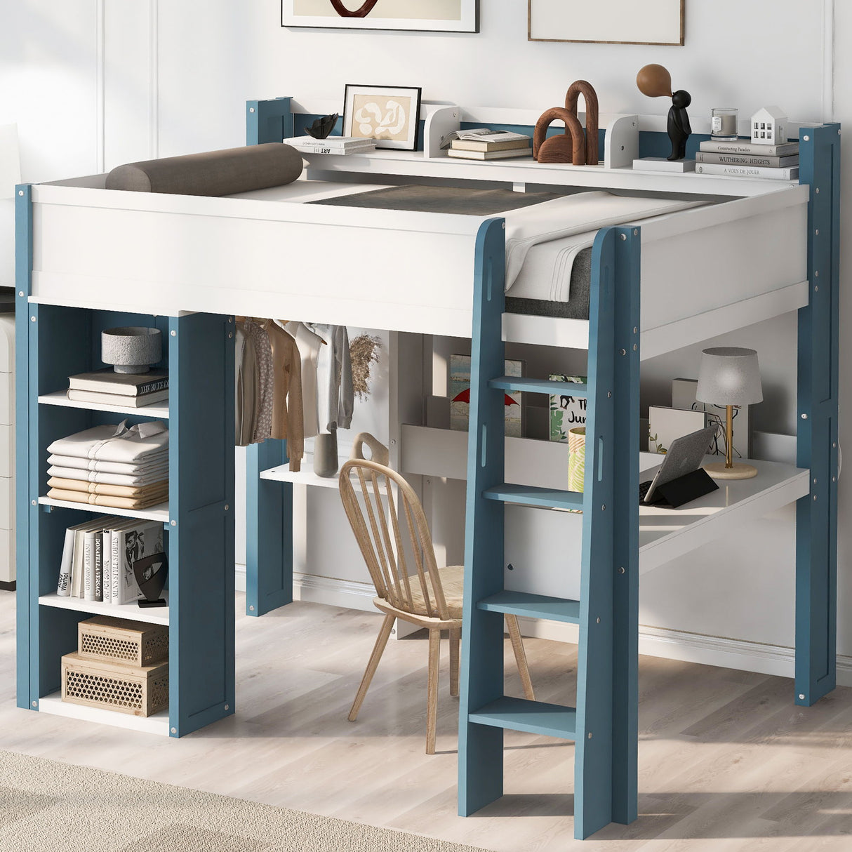 Loft Bed With Built In Storage Shelves, Clothes Rail, And Desk