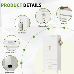 White Metal Wardrobe Closet with 2 Doors and Drawers