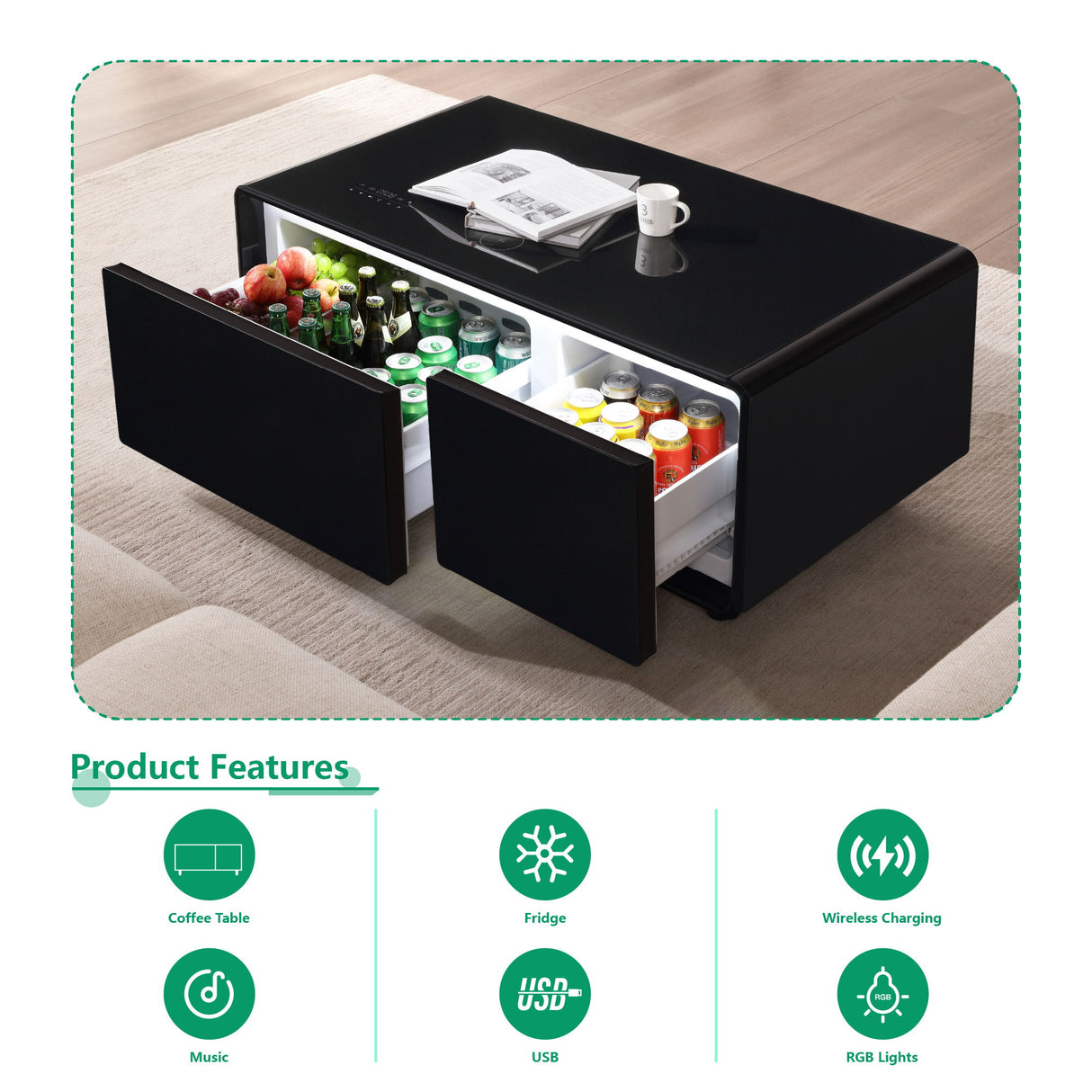 Modern Smart Coffee Table With Built-In Fridge - tooth Speaker, Wireless Charging, Touch Control Panel, USB Interface, Outlet Protection, Atmosphere Light