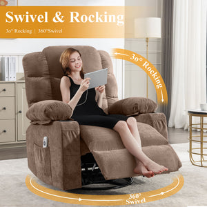 Oversized Massage Swivel Recliner Chair with Lumbar Heating, Cup Holders & USB - Brown or Gray