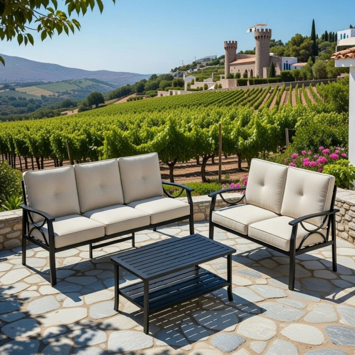 Patio Furniture Set & Coffee Table And Cushions For Backyard