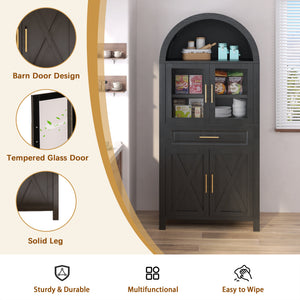 71-Inch Arched Kitchen Pantry Cabinet with Glass Barn Door, Black