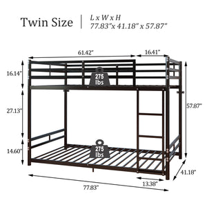 Bunk Bed with Ladder and High Guardrail Metal Bunk Bed, Storage Space, Noise Free, Twin Over Twin Size