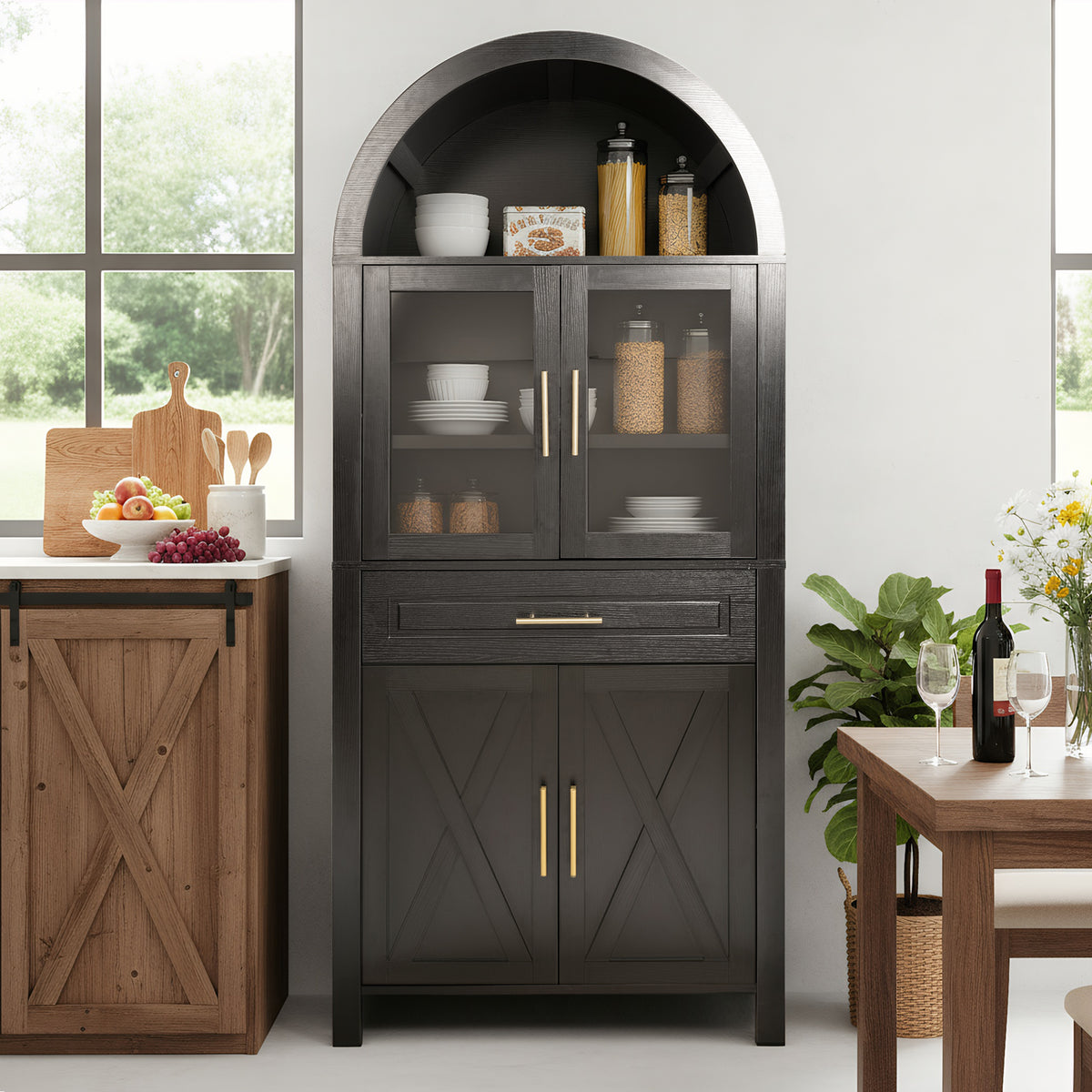 71-Inch Arched Kitchen Pantry Cabinet with Glass Barn Door, Black