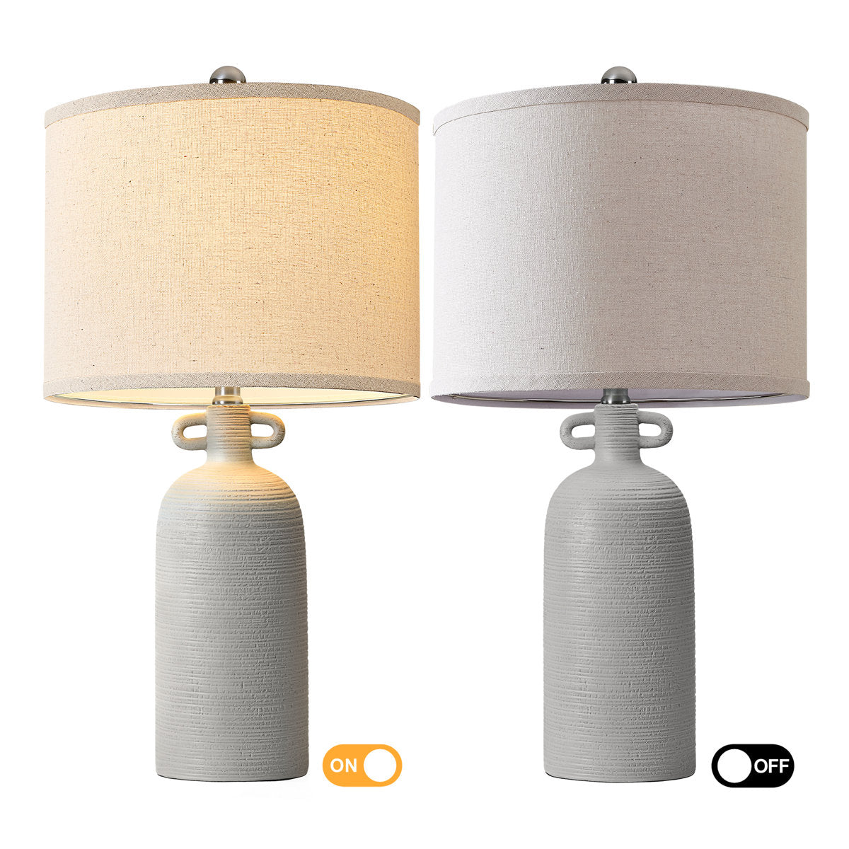 24-Inch Dimmable Ceramic Table Lamp Set with Linen Drum Shades, Gray, Set of 2