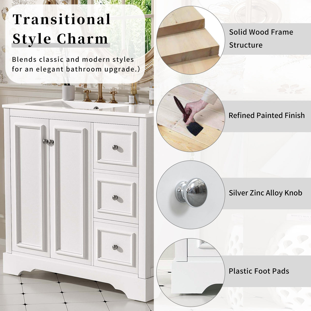 Bathroom Vanity With Sink, Soft-Close Doors, Adjustable U-Shelf, 3 Drawers