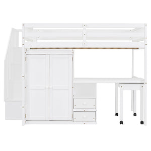 Loft Bed With Stairs, Bookshelf, Drawers, Desk & Wardrobe, Space Saving Multifunctional Furniture