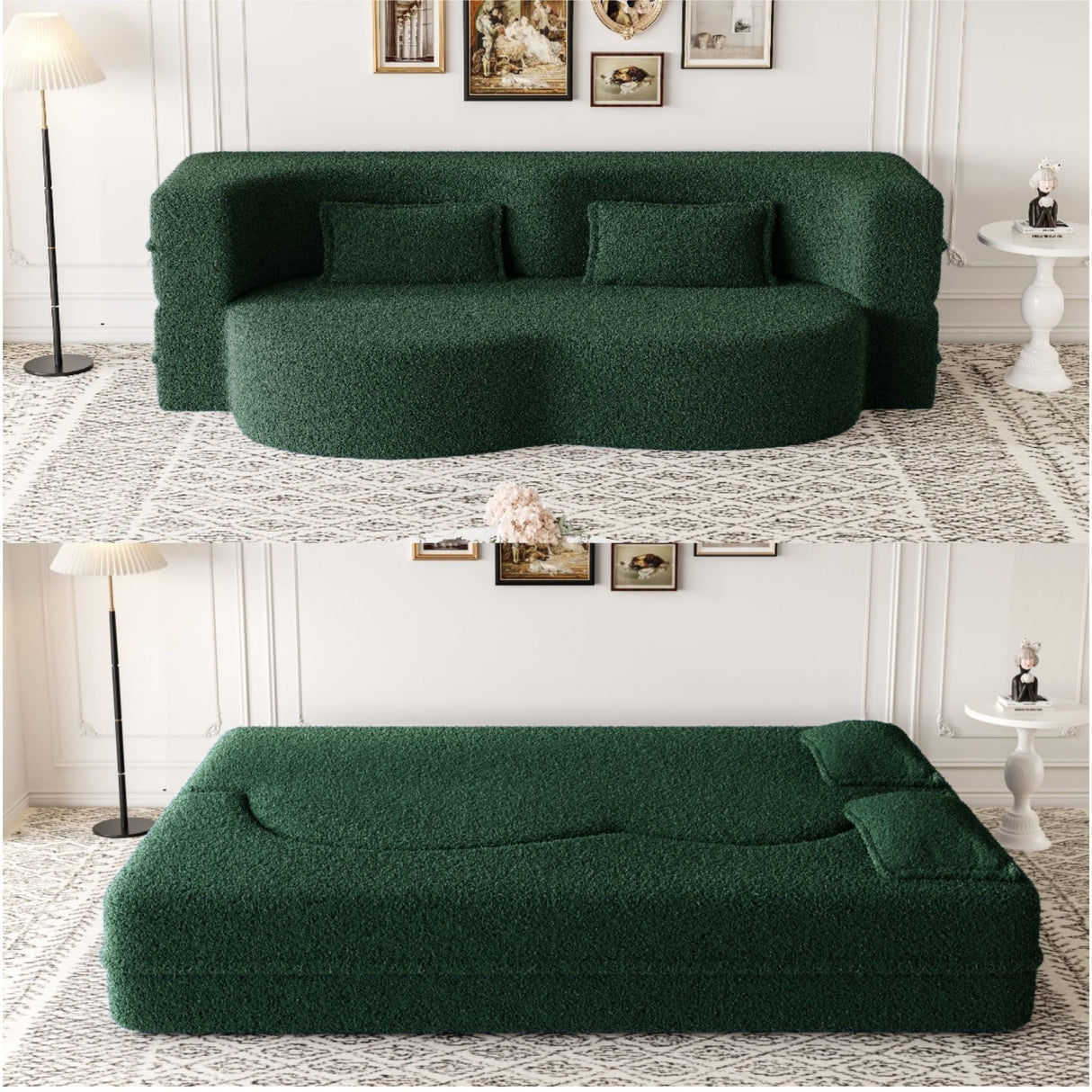 Modern Floor Sofa With 2 Pillows Convertible Teddy Fabric Foam Filled Bed