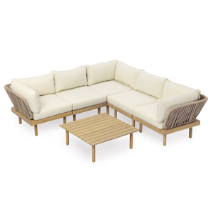 Acacia Wood Outdoor Corner Chair with Rope Back & Weather-Resistant Cushion